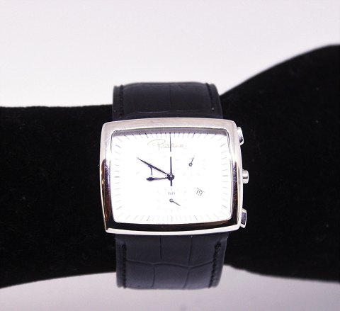 Roberto Cavalli, quartz, herre armbåndsur med kronograf, datoanvising, urkasse 
af rustfrit stål og sort læderrem.
