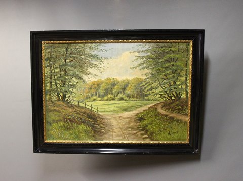 Oil painting of Danish nature and Woods signed A. Lund with Black wooden frame.
5000m2 showroom.