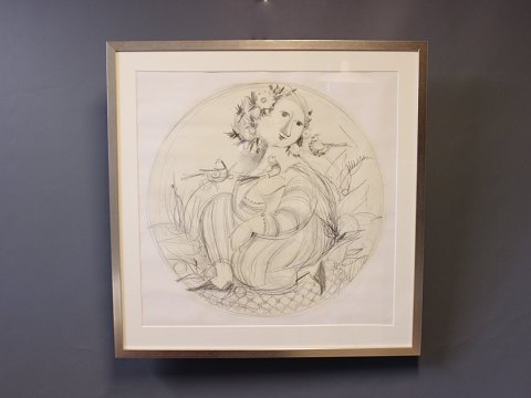 Lithographic print of lady with birds by Bjørn Wiinblad with silver frame.
5000m2 showroom.