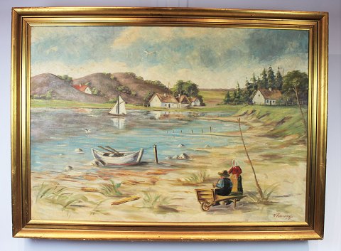 Maleri med strandmotiv signeret af K. Tommerup.
5000m2 udstilling.