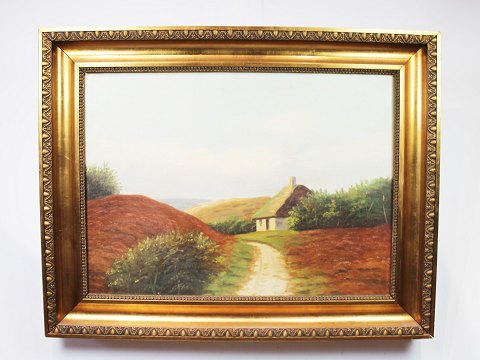 Oil painting in warm colors with motif of fields and thatched house with gilded 
frame.
5000m2 showroom.