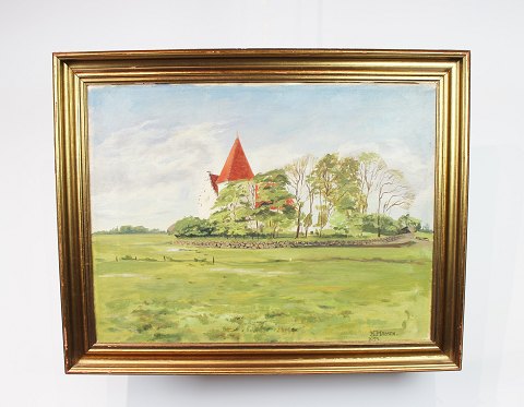 Oil painting with motif of a church signed by H. Madsen in 1923.
5000m2 showroom.