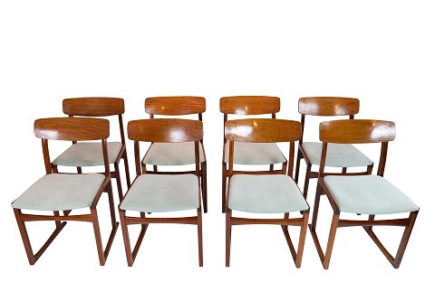 Et sæt af 8 Spisestuestole - Teak - Lyst Stof - Dansk Design - 1960