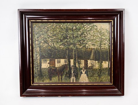 Oliemaleri med gårdmotiv og mørk træramme, fra 1915.
5000m2 udstilling.