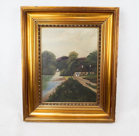 Oil painting with motif of small house and with gilded frame.
5000m2 showroom.