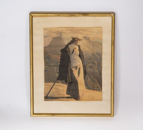 Tryk kaldet En Bjergbestigerske med forgyldt ramme af J. F. Willumsen. 
5000m2 udstilling.