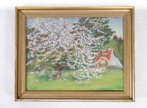 Oliemaleri med motiv af kirsebærtræ og med forgyldt ramme, malet af Carl Lundblad (1903-1983) fra 1957