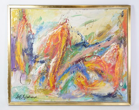 Farverigt olie maleri af kunstneren Leif Bjerregaard fra 1995 med titel "Hvor 
engle danser". 
Mål i cm: H:86 B:105
Flot stand
