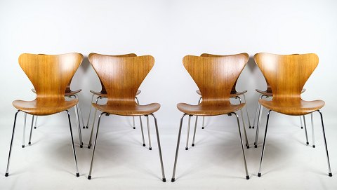 Sæt af 8 Syver stole, model 3107, teak, Arne Jacobsen, Fritz Hansen, 1950Flot stand
