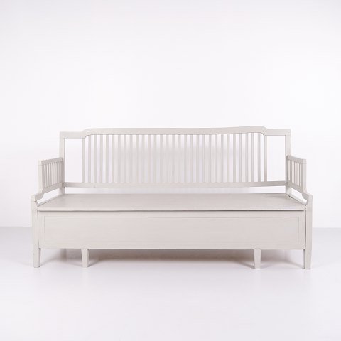 Antik Slagbænk Med Høj Ryg - Gråmalet - Fyrretræ - Opbevaring - År 1860erne