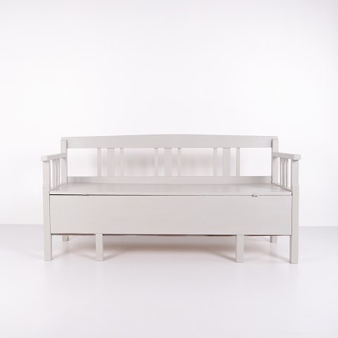 Antik Slagbænk Med Opbevaring - Gråmalet - Fyrretræ - År 1860erne