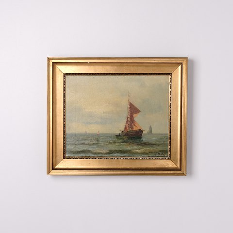 Marinemaleri med Sejlskib i Guldramme af Vilhelm Bille fra 1890’erne