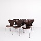 Sæt Af Seks Syverstole - Model 3107 - Syver Stol - Patineret Brunt Læder - Arne 
Jacobsen - Fritz Hansen

