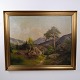 Landskabsmaleri på Lærred med Bjerglandskab og Træer i Guldramme 112,5 x 136 cm