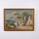 Landskabsmaleri på Lærred med Sydlandsk Kystmotiv i Guldramme 54 x 74 cm
